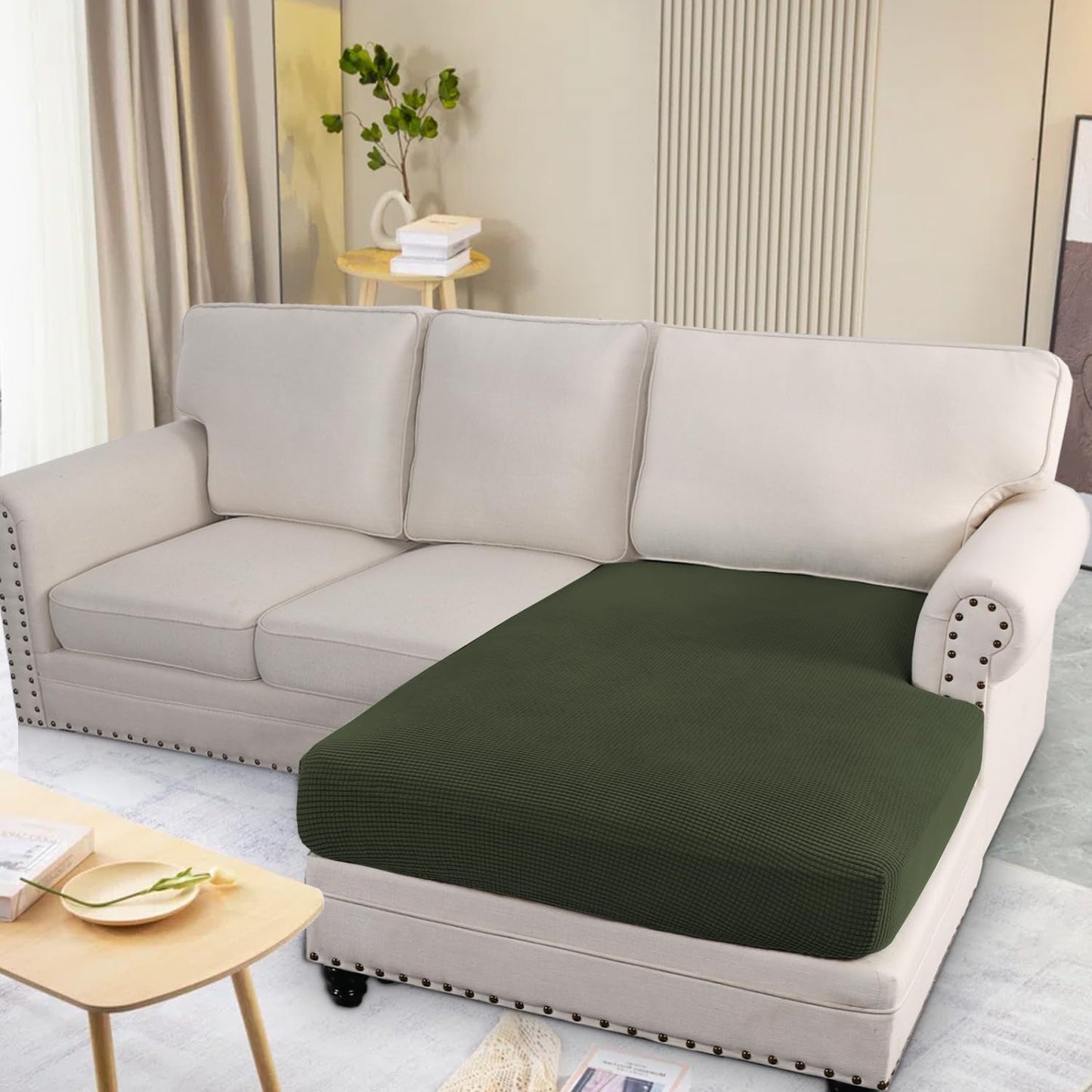 H.VERSAILTEX Super Stretch Individual Chaise Cover Sectional Couch Covers for L Shaped Sofa Both Left/Right Featuring Thick Jacquard Textured Twill Fabric (1 Piece Chaise Cover, Olive)