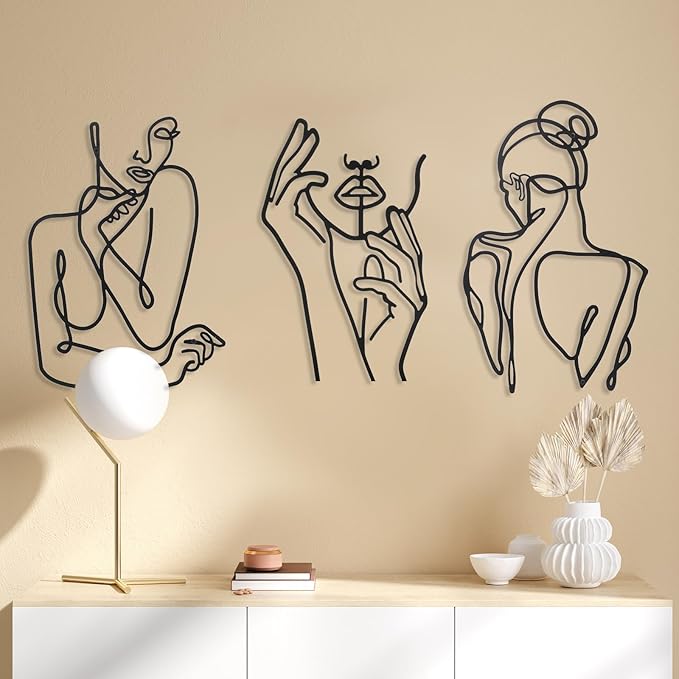 Photect 3 Pcs Metal Wall Art Decor Minimalist Abstract Woman Wall Art Metal Modern Line Drawing Decor Female Single Line Home Hanging for Bedroom Bathroom Living Room Christmas Housewarming(Cute)