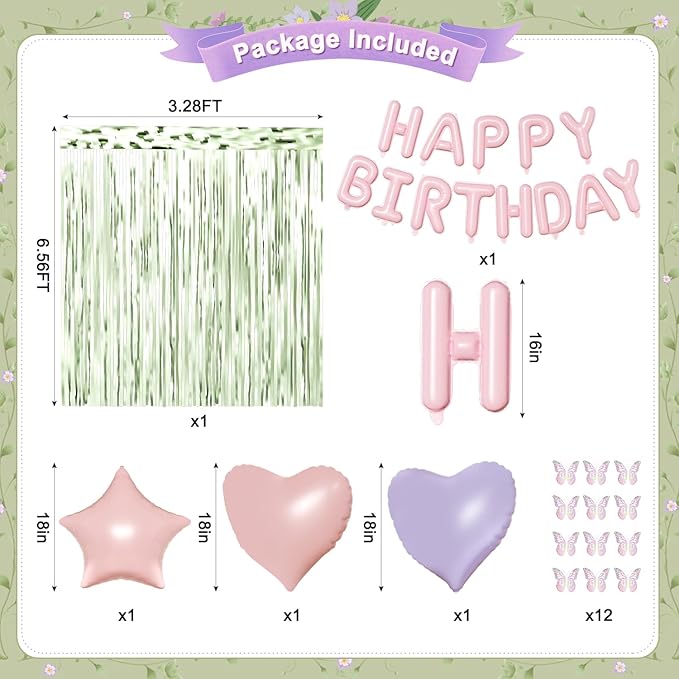 Wildflower Birthday Decorations, Sage Green Pastel Pink Purple Yellow Foil Confetti Balloons Happy birthday Banner Multicolor Butterfly Fringe Curtains Birthday Decorations for Baby Women Girls Teens