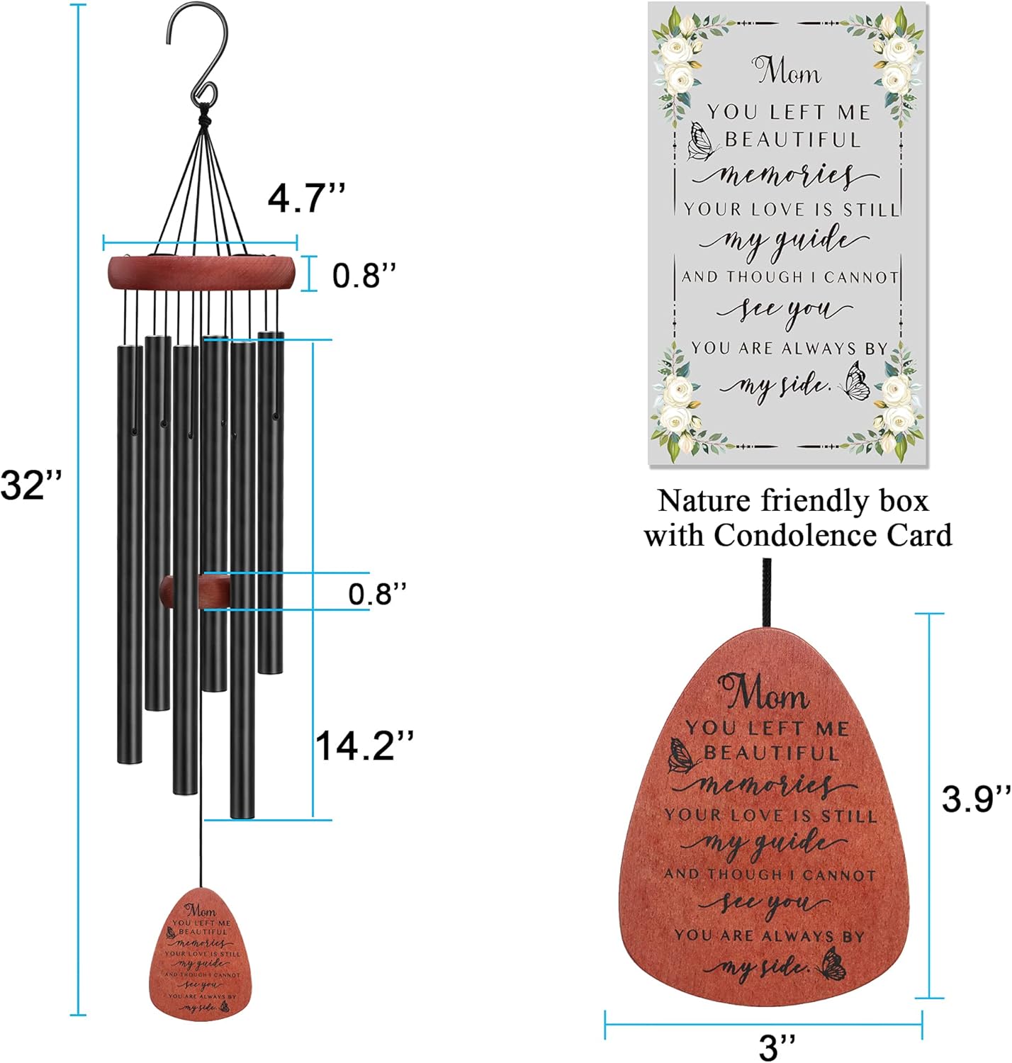 Memgift Memorial Wind Chime for Loss of Mom - Solid Beech Wood Sympathy Gift - Outdoor Bereavement Wind Chime for Mother - Garden & Patio Remembrance of Loved One 32 Inch
