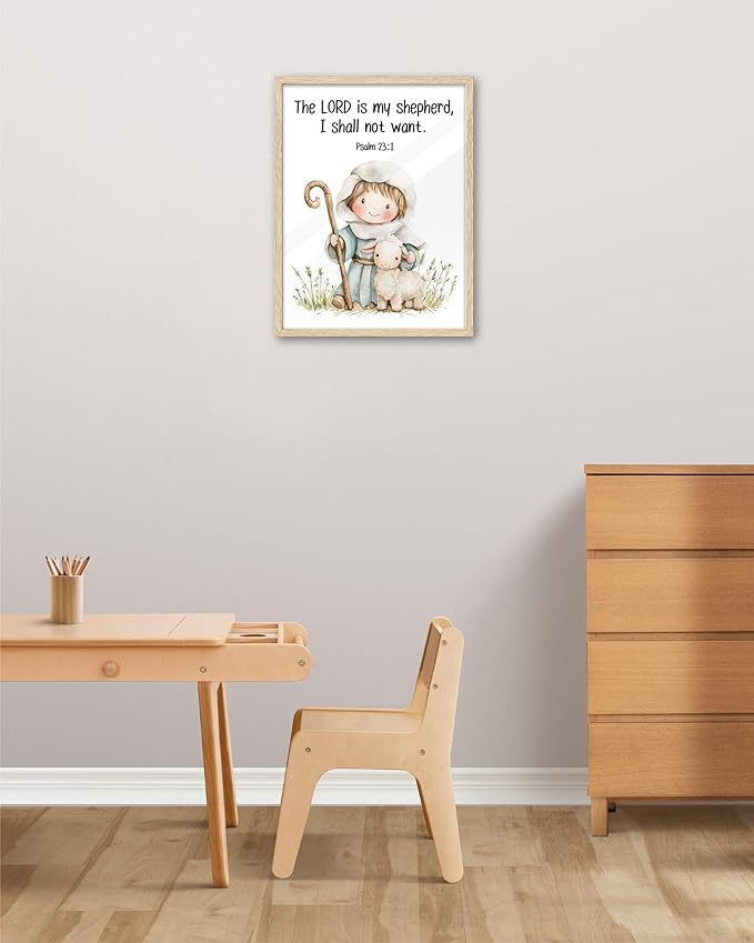 KensTro Natural OAK Wood Nursery Decor Framed Wall Art,12x16in Inspirational Christian Bible Verse Wall Art,The LORD is My Shepherd,I Shall Not Want Psalm 23:1 Print for Boys Girls Bedroom Decor 1Pack