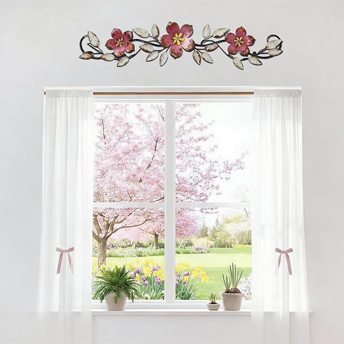 Wesiti Metal Flower Wall Decor Vintage Spring Metal Flower Wrought Iron Scroll Sculpture 15.7''x3.7'' Farmhouse Leaf Wall Decor with Nails for Spring Living Room Bedroom Indoor Outdoor (Pink)