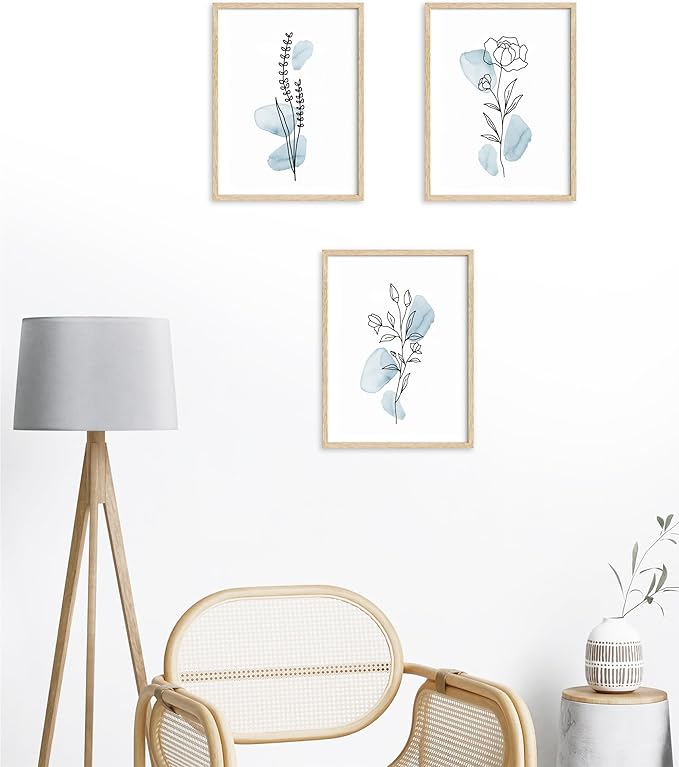 HesenDot Boho Art wall Décor,Botanical Print Set of 3, Blue Gallery Wall art,Abstract Line Watercolor Floral Home Decor,living room,bedroom