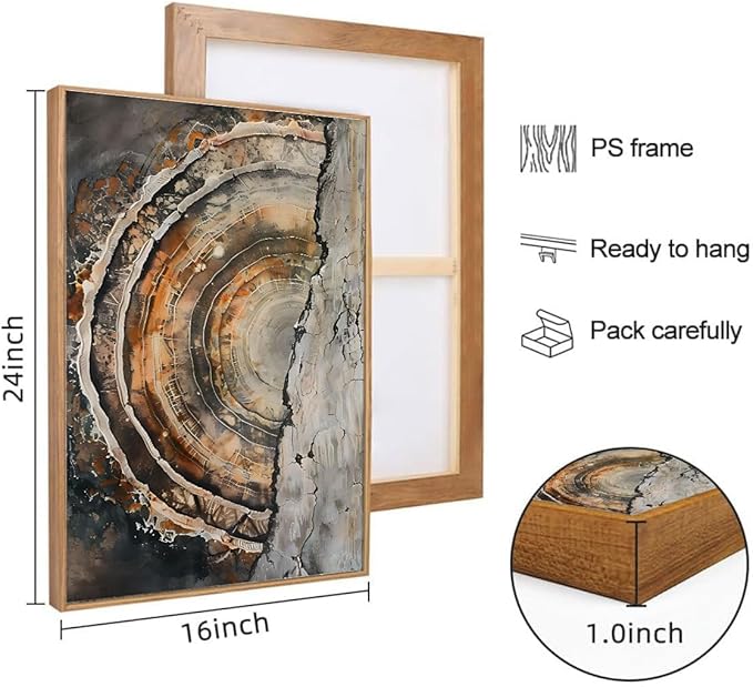 IBHJSART Framed Tree Ring Canvas Wall Art Vintage Colorful Wood Stump Painting Prints Modern Minimalist Pictures Neutral Nature Rustic Farmhouse Decor Living Room Bedroom Bathroom Office
