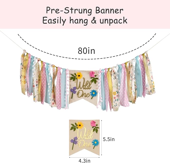Wildflower High Chair Banner - Floral "Wild One" First Birthday Decor for Girls, Spring Theme Highchair Garland, 1st Birthday Party Decoration, Baby Shower Photo Backdrop