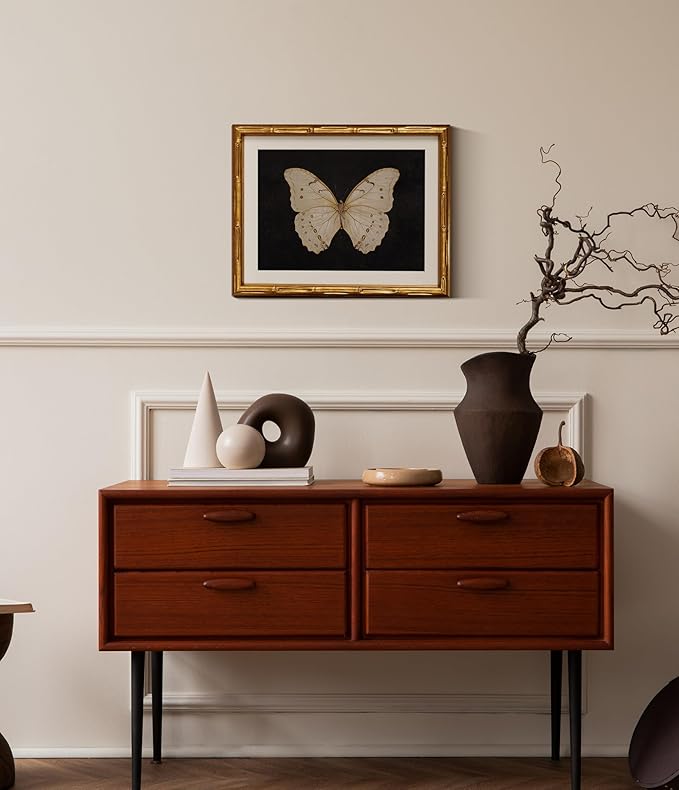 InSimSea Gold Bamboo Framed Canvas Wall Art, Retro White Butterfly Animal Paintings, Antique Vintage Picture Frame with Mat, Victorian Home Wall Decor for Living Room Bedroom Gallery, 11x14inch