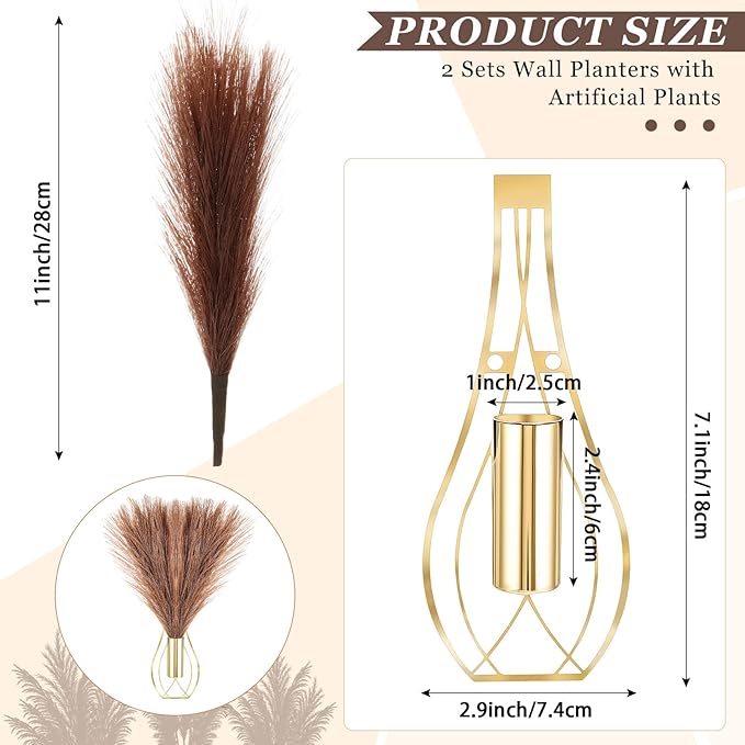 Otoolling 2 Pieces Hanging Plant Wall Decor with Artificial Pampas Grass Metal Hanging Vase Modern Geometric Farmhouse Bohemian Wall Art for Living Room Bedroom Kitchen Bathroom Office(Gold, Brown)