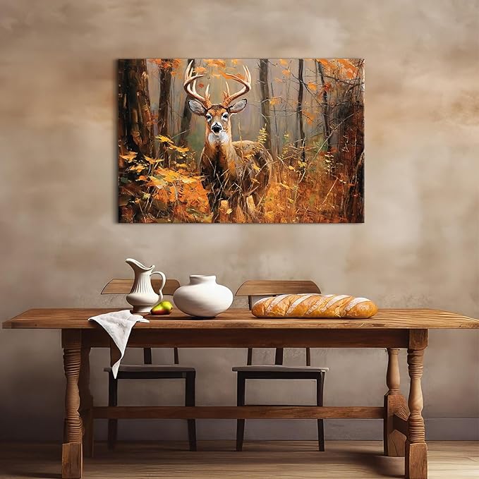 Fall Forest Wall Art Deer Wall Decor Rustic Wildlife Animal Painting Nature Autumn Landscape Canvas Prints Maple Leaves Picture Farmhouse Elk Artwork for Kitchen Living Room Home Decoration 32x48"