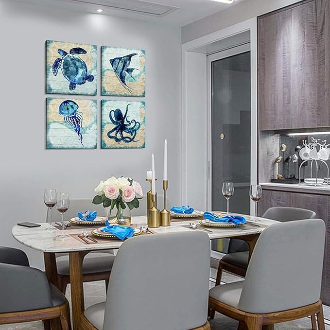 Teal Ocean Animal Bathroom Wall Decor Aqua Blue Octopus Turtle Wall Art Sea Fish Angelfish Canvas Print Mediterranean Style Painting Pictures Artwork Nursery Kids Bedroom Home Decorations 24x24” 4Pcs
