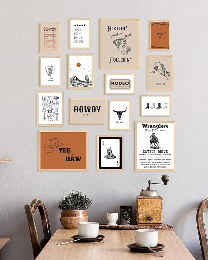 KBKBART Retro Western Wall Art Set – 15 Vintage Cowboy & Desert Prints, Wild West Rodeo and Southwest Decor for Living Room, Bedroom, or Office (Unframed, Multi Sizes, 11"x14" Largest)