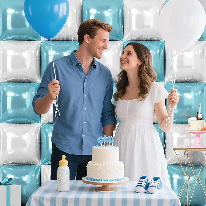 NISOCY 25PCS Pearl White and Light Blue Square Foil Balloons Wall Backdrop Double Sided Blue and White Balloons Arch Kit for Bridal Baby Shower Wedding Engagement Birthday Theme Party Decorations