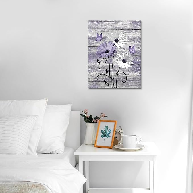 MYUSRE Vintage Floral Purple Canvas Wall Art Farmhouse Daisy and Butterfly on Wooden Pictures Wall Decor Country Wildflower Framed Wall Art for Living Room Bedroom Bathroom Home Decor, 24L X 16W inches