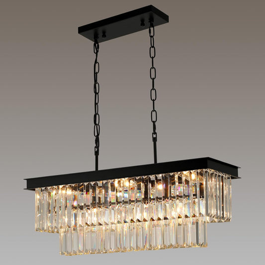 Black Crystal Chandeliers for Dining Room Light Fixtures Over Table，9-Lights Modern Rectangle Chandeliers for Kitchen Island Bar L28 Inch