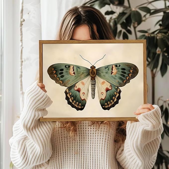 Framed Vintage Butterfly Canvas Wall Art, Moody Insect Wall Decor Paintings, Cottagecore Moth Artwork Pictures Prints Antique Home Decor for Living Room Bedroom Bathroom 12x16 inch