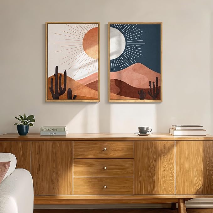 Framed Boho Sun and Moon Wall Art for Room Decor, Set of 2 Desert Cactus Landscape Artwork, Mid Century Modern Bohemian Paintings Prints for Living Room Bedroom Office Hallway Wall Decor, 16x24 Inch