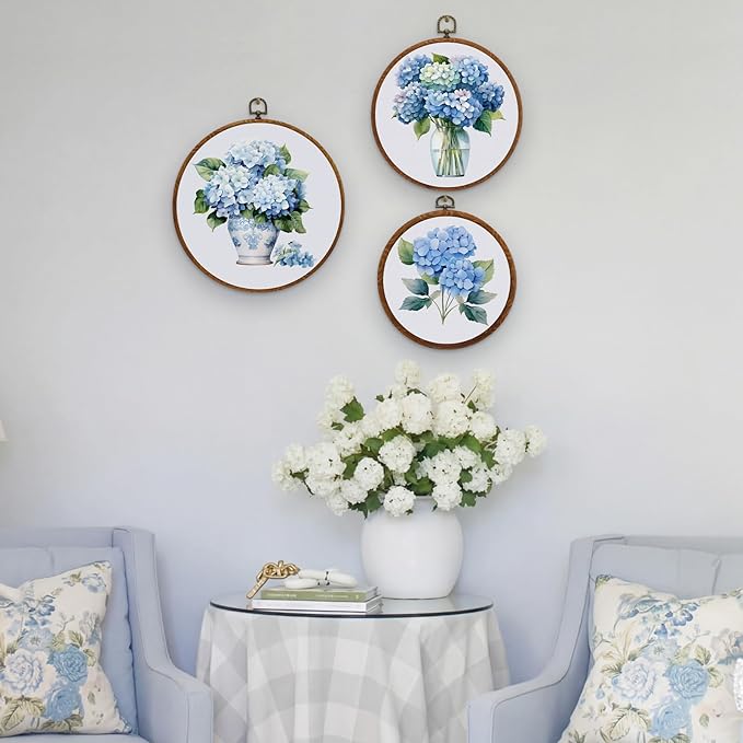 Fiwochic 3 Pcs Round Hydrangea Wall Decor Boho Vintage Flowers Wall Artwork Spring Floral House Artwork Flowers Painting Canva Print Framed Art Farmhouse Nature Hanging Boho Decor for Bedroom