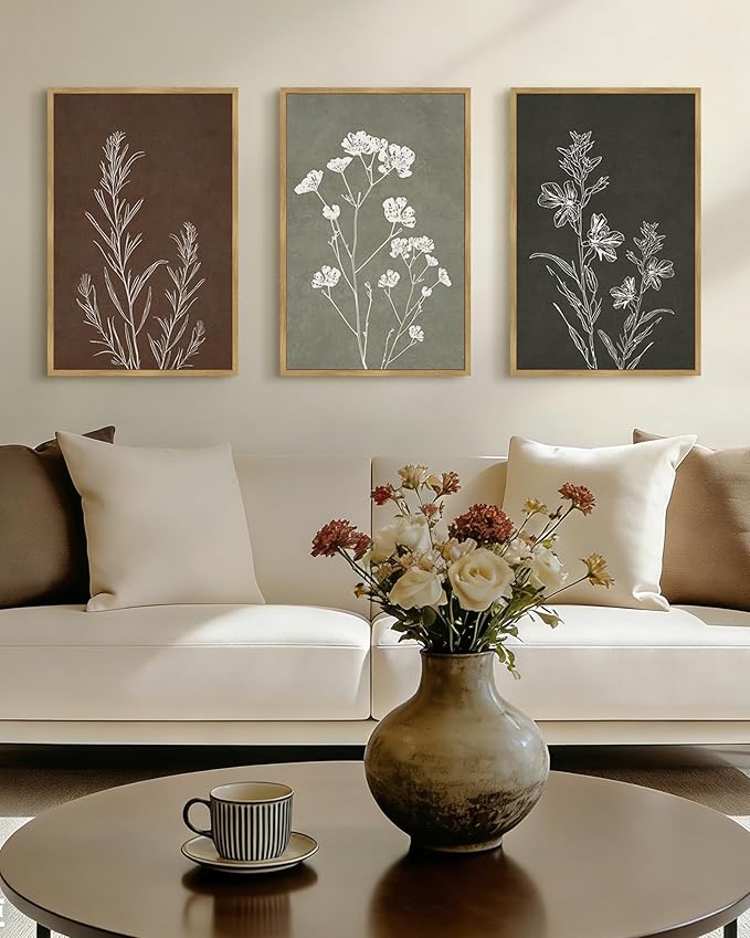 Drsoum Vintage Boho Flower Wall Art Framed Retro Botanical Floral Wall Prints Wildflower Neutral Rustic Bohemain Artwork Kitchen Bedroom Ready to Hang 16x24in Natural Framed