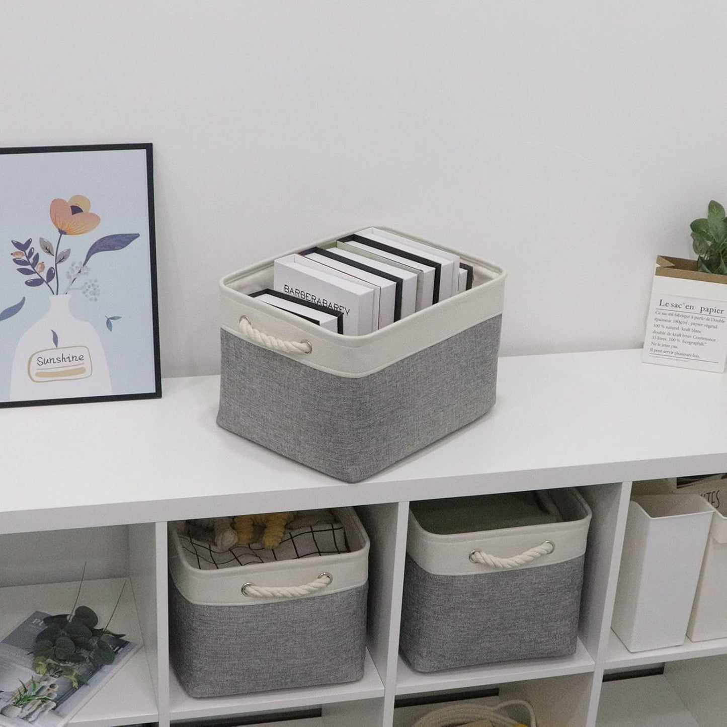 Bidtakay Baskets Set of 3 Storage Baskets for Organizing Large Fabric Storage Bins for Shelves Decorative Canvas Bins Collapsible Empty Baskets for Closet,Nursery,Clothes,Toys,Shoes(White&Grey)