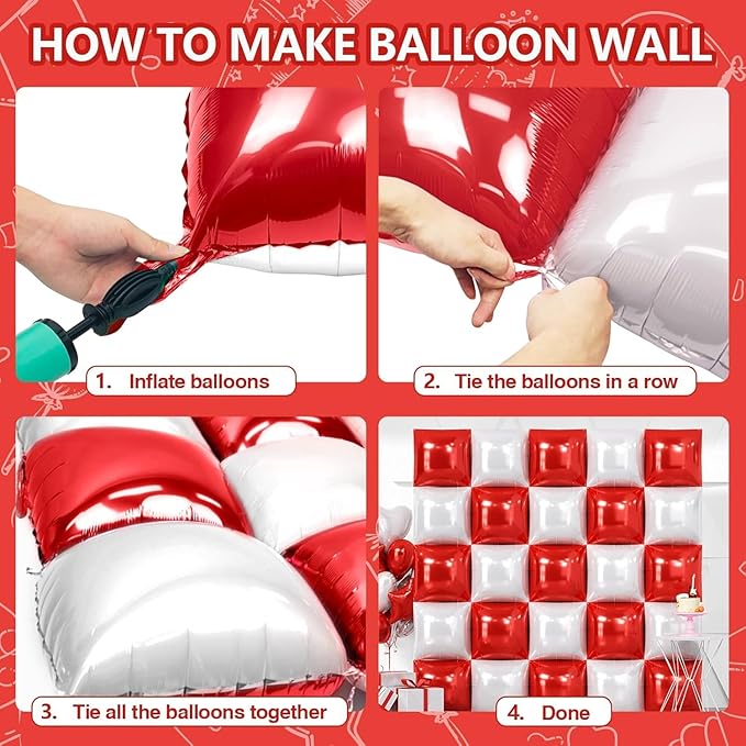 NISOCY 25PCS Red White Square Foil Balloons Wall Double Backdrop Sided Red Pearl White Balloon Tunnel Arch Kit for Christmas Birthday Valentine's Day Baby Shower Wedding Party Decorations