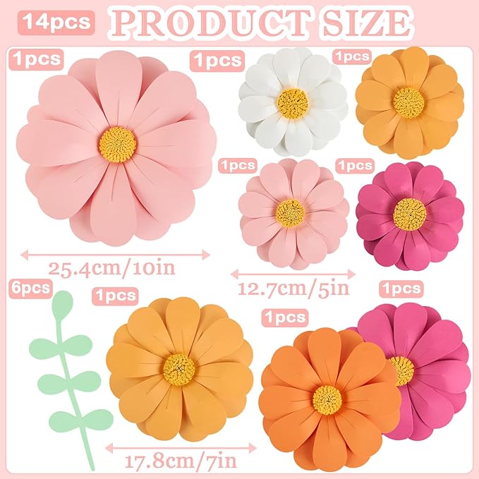SUNBEAUTY Daisy Paper Flowers Party Decorations, Party Flower Decorations, Orange Yellow Flowers Wall Hanging, 1st Birthday Bridal Baby Shower Wedding Classroom Tea Party Daisy Décor