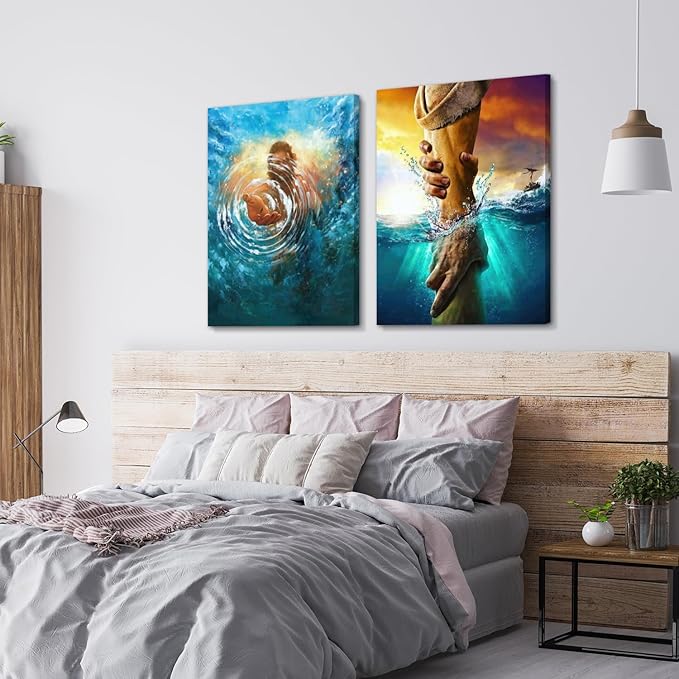 2 Pcs Framed Jesus Wall Art, The Hand of God Jesus Reaching Into Water Poster Prints, Christian Christmas Gifts, Bible Blue Ocean Wrapped Canvas Painting for Church Prayer Room Hospitals 12"x16"