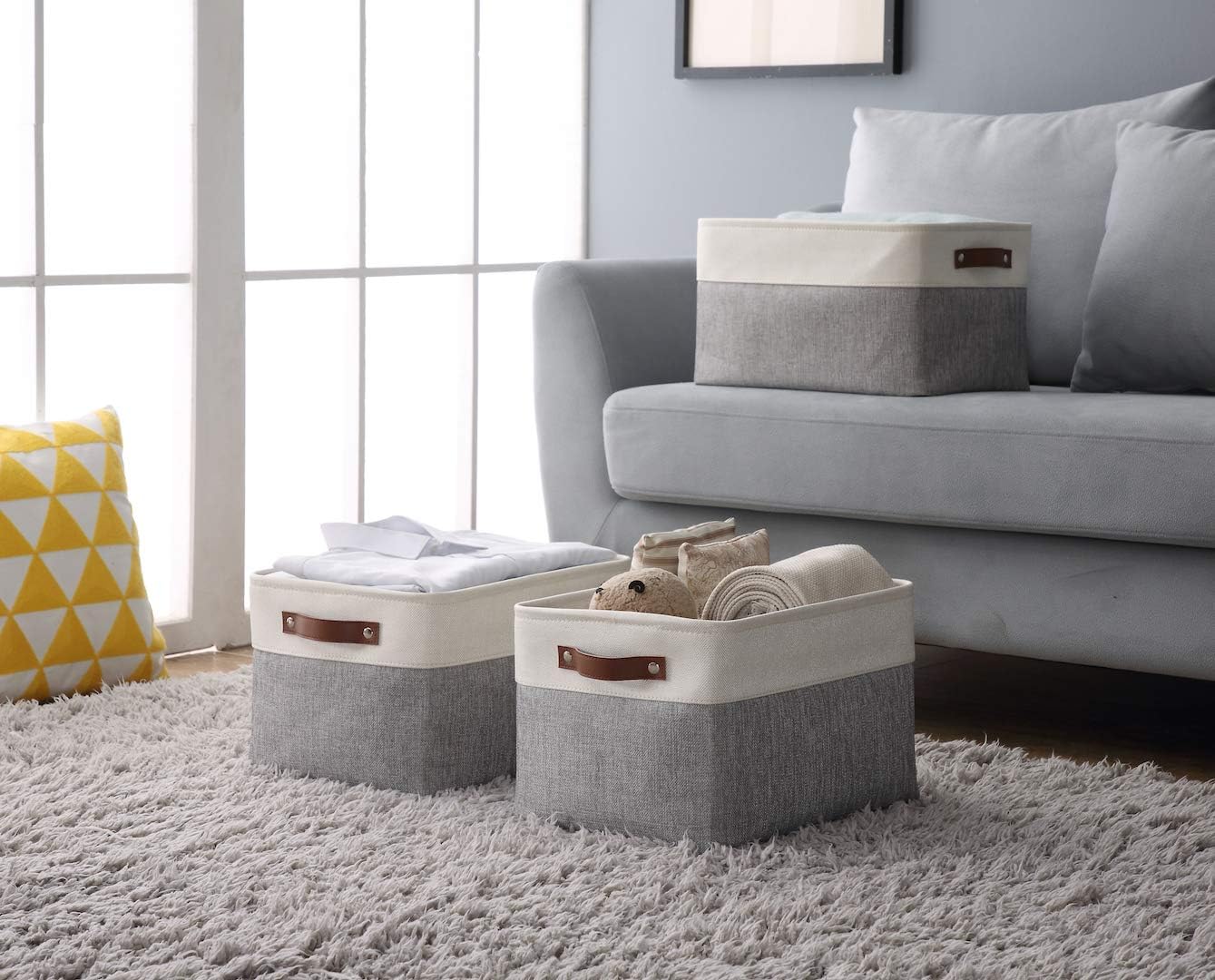 DECOMOMO Storage Baskets for Shelves - Fabric Closet Organizers and Storage Bins, Perfect Baskets for Organizing Closet Toys Nursery (Grey and White, Large - 4 Pack)