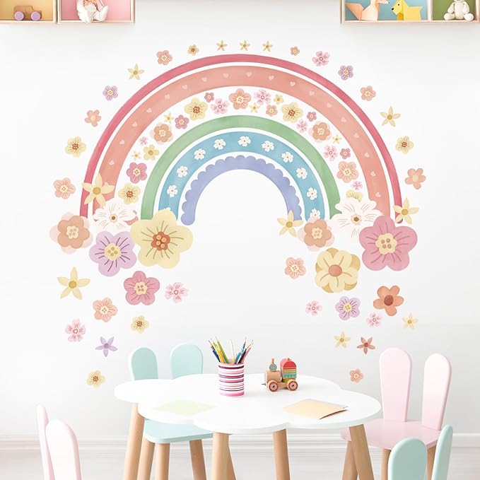 wondever Large Rainbow Wall Decals Colorful Boho Flower Peel and Stick Wall Art Stickers for Girls Bedroom Kids Room Baby Nursery