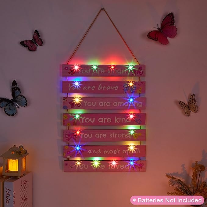 FIOBEE Girls Room Décor for Teen Girls Boys with LED Light Wall Decor for Bedroom Motivational Inspirational Wall Art Room Decoration for Kids Studyroom, 8 Kinds of Lights, Light Pink Butterfly