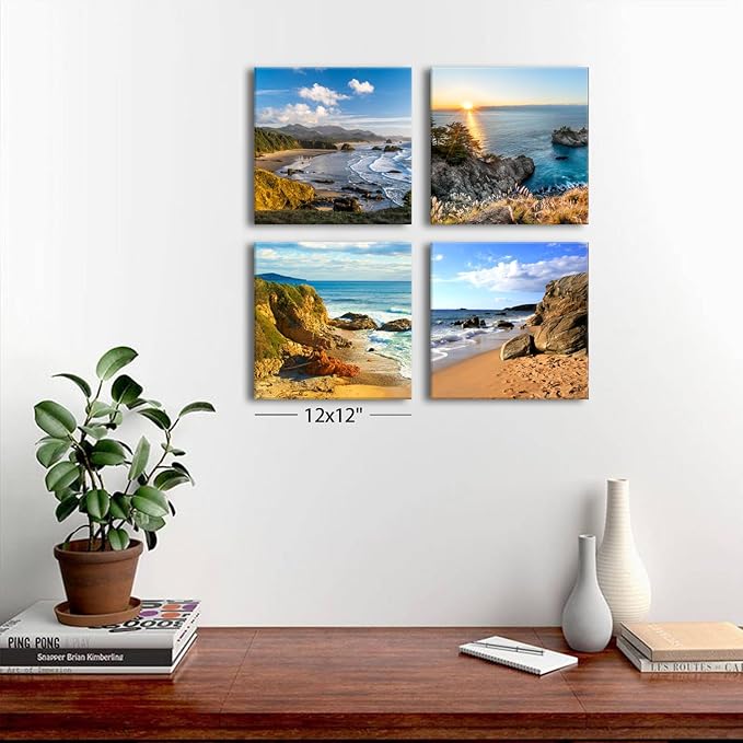 Oregon Coast Scenery Canvas Wall Art Coastal Beach Pictures for Living Room Sunset Ocean Landscape Paintings Prints Bathroom Decor Nature Seascape Artwork Bedroom Office Home Decorations 12x12" 4 Pcs