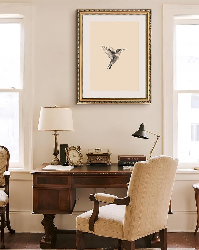 VIYYIEA Gold Framed Elegant Hummingbird Sketch Canvas Wall Art, Vintage Nature Illustration, Minimalist Cream Background Decor | No-Glass Design, Lightweight Anti-Glare Construction | 16x20 Inch