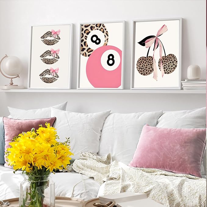 Trendy Pink Leopard Bow Wall Art Set of 3 Funky Cherry Lucky 8 Ball Posters Prints Cute Coquette Preppy Room Aesthetic Wall Decor Pictures for Girls Bedroom Apartment Dorm Unframed 12x16in