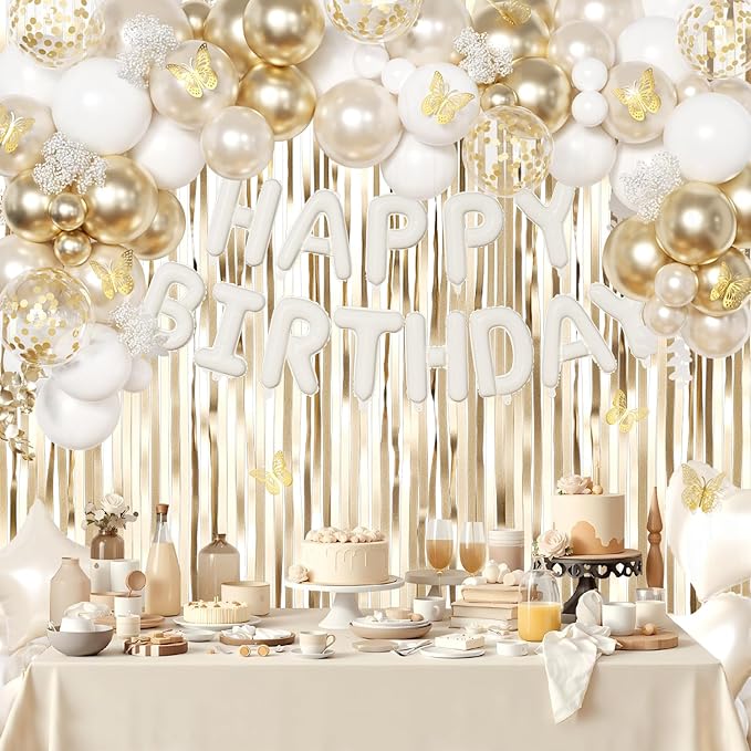 White and Gold Birthday Decorations for Women Girls, Pearl White Gold Foil Confetti Balloons Happy birthday Banner Gold Butterfly Fringe Curtains for Birthday Party Baptism Communion Decorations