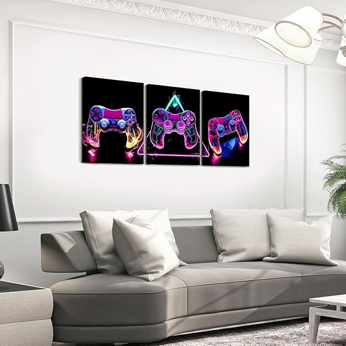 Feelyou Gamer Canvas Wall Art for Living Room 12" x 16" 3 Piece Game Controller Picture Wall Decor Gaming Gifts Bathroom Wall Art Gamepad Office Wall Decorations Artwork Posters Pink Wall Painting