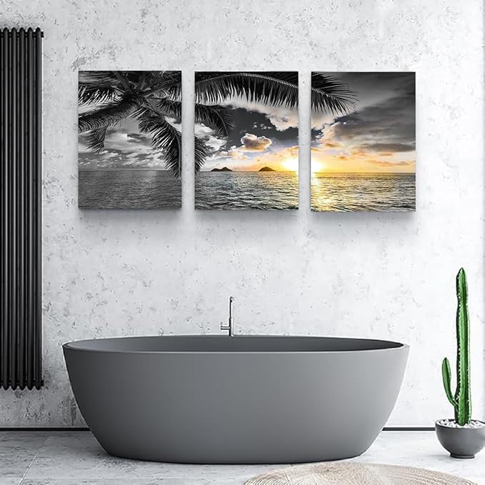 Yxbhhym Sunset Beach Canvas Wall Art Bathroom Black and White Coastal Wall Decor Ocean Prints Art Seascape Pictures Palm Painting Artwork for Living Room Bedroom Decor Office Home Decoration
