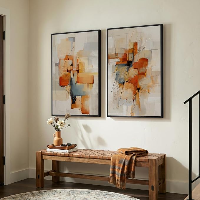 Large Framed Abstract Canvas Wall Art, 2 Piece Modern Prints Paintings Artwork for Walls, Minimalist Blue Orange Block Pictures for Living Room Dining Room Bedroom Hallway Wall Decor 24x36 In