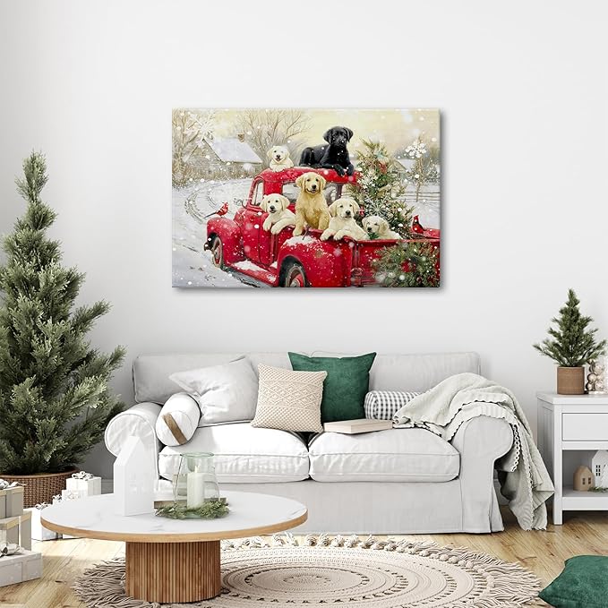 Vintage Christmas Wall Art Winter Farmhouse Scenic Wall Decor Red Truck Christmas Tree Canvas Prints Cute Puppy Pictures Snow Country Landscape Artwork for Bedroom Kitchen Home Decorations 32x48"