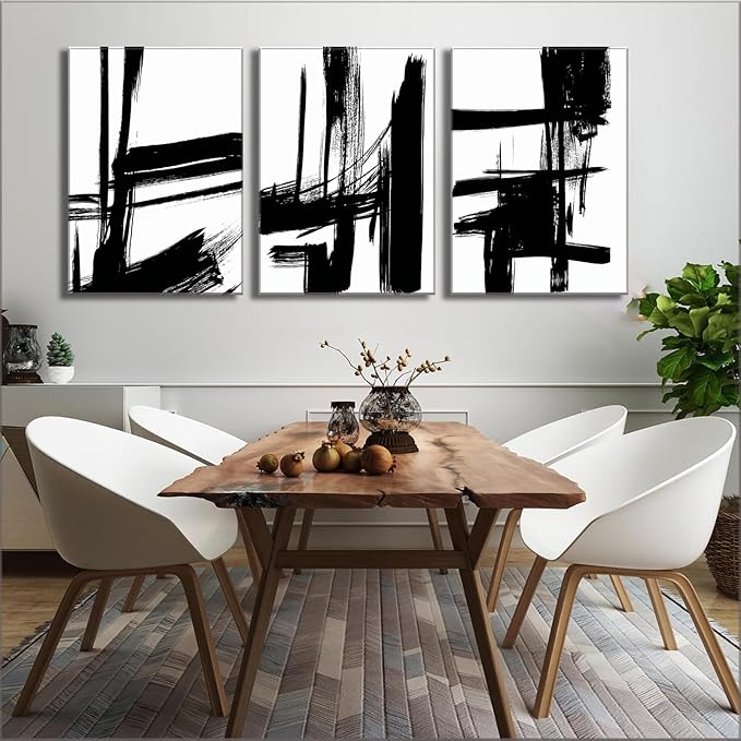 3Pcs Black and White Canvas Wall Art Modern Abstract Paintings Minimalist Line Posters Prints Wall Decor Black and white picture Artwork for Living room Bedroom Bathroom Office Home12x16in Frame