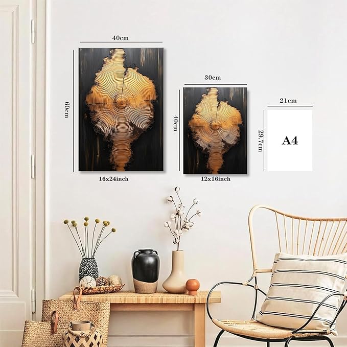IBHJSART Framed Tree Ring Canvas Wall Art Black And Gold Wall Art Painting Prints Modern Minimalist Pictures Neutral Nature Rustic Farmhouse Decor Living Room Bedroom Bathroom Office