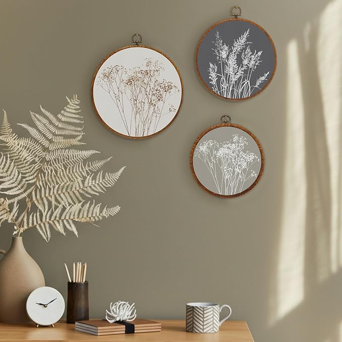 Fiwochic 3 Pcs Round Beige Wall Decor Boho Vintage Flowers Wall Artwork Spring Floral House Artwork Flowers Painting Canva Print Framed Art Farmhouse Nature Hanging Boho Decor for Bedroom