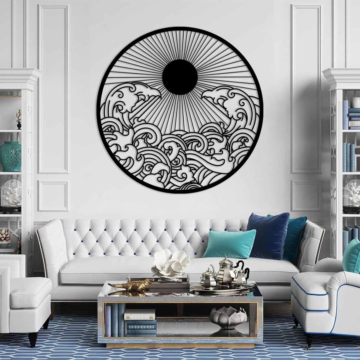 flyoak Metal Sun Wall Decor Outdoor, Sunrise Metal Wall Art, Metal Wave Wall Art, Sunrise and Wave Wall Decor, Sunburst Wall Art, Sunset Wall Art, Wall Hangings for Bedroom (Black, 35x35in|90x90cm)