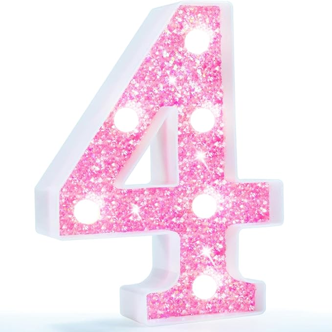 Pooqla Marquee Number Lights, Pink Light Up Numbers for Girls 4th Birthday, Battery Powered Glitter Number Night Light Gift for Wedding Christmas Bedroom Dorm Party Decoration, Cool White Number 4