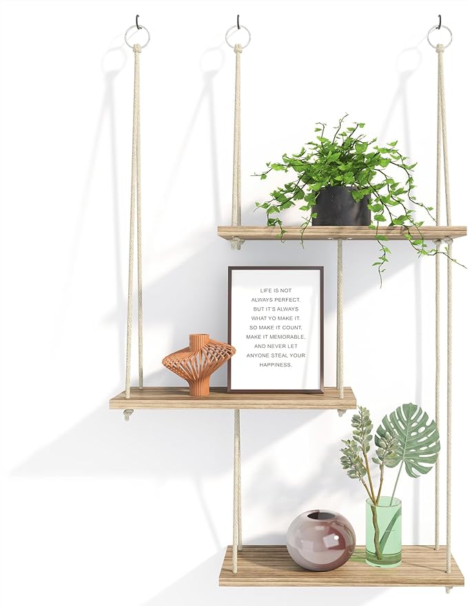 Fixwal Hanging Plant Shelves for Wall, 3 Tier Boho Wall Decor Plant Rack Floating Shelves Rope Rustic Wood Organizer Storage Hanger for Aesthetic Home Bedroom Kitchen Bathroom- Rustic Brown