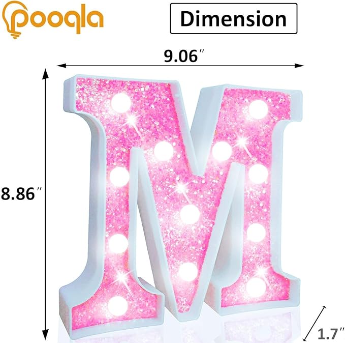 Pooqla LED Marquee Letter Lights, Light Up Letters for Birthday Decorations, Glitter Letter Sign Battery Powered Night Light Pink Party Wedding Christmas Girls Gift Bedroom Dorm Decor, Cool White M