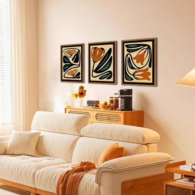 Mid Century Floral Wall Art Set of 3, Modern Abstract Botanical Wall Decor Picture, Vintage Boho Eclectic Plant Canvas Prints Paintings for Bedroom Living Room 16x24 inch Framed