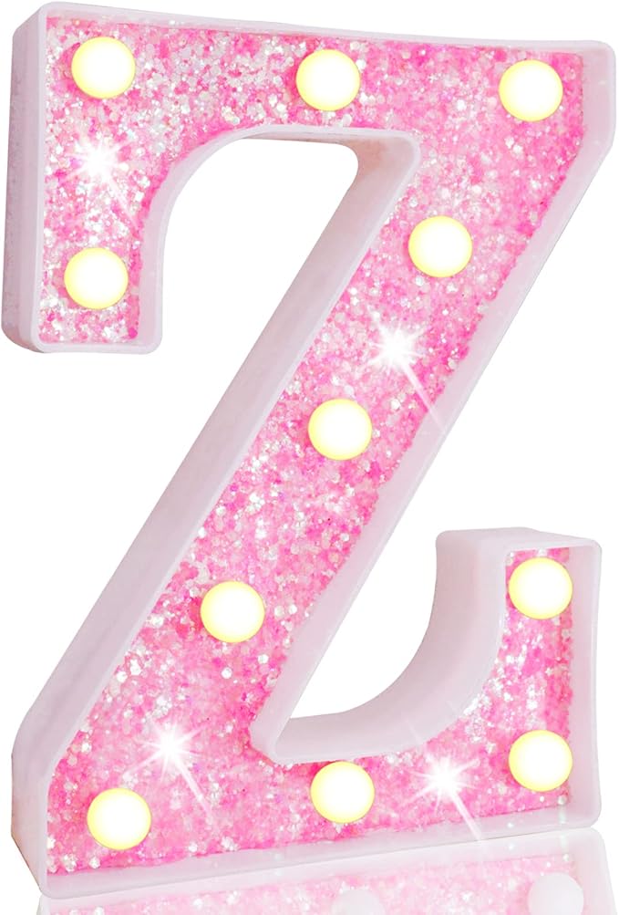 Pooqla LED Marquee Letter Lights, Pink Glitter Light Up Letters Alphabet Sign Battery Powered Night Light, Birthday Party Wedding Girls Gifts, Christmas Room Dorm Bedroom Decoration, Pink Letter Z