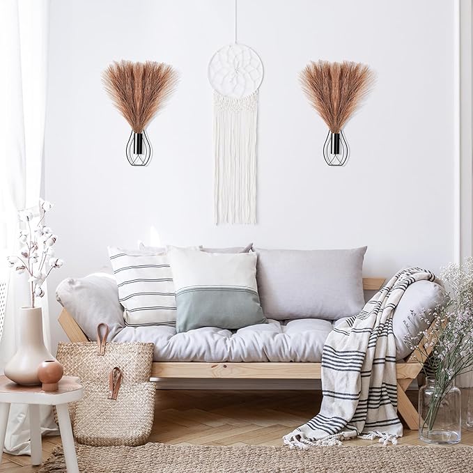 Otoolling 2 Pieces Hanging Plant Wall Decor with Artificial Pampas Grass Metal Hanging Vase Modern Geometric Farmhouse Bohemian Wall Art for Living Room Bedroom Kitchen Bathroom Office(Black, Brown)