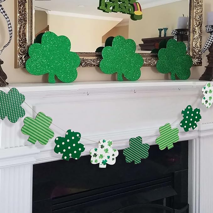 St Patricks Day Decorations-Wooden Shamrock Garland for St. Patrick's Day Decor-Reusable Lucky Green Banner Garland for Fireplace Mantel Walls Decor