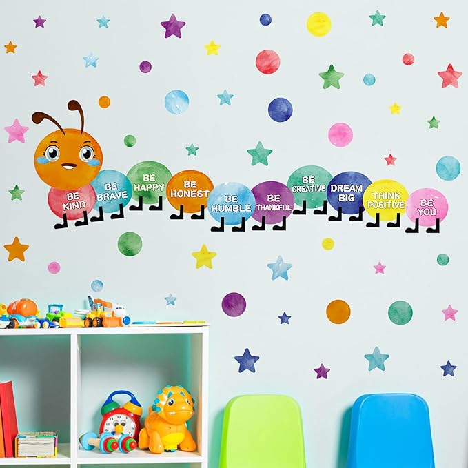 Watercolor Inspirational Wall Sticker, Multicolor Polka Dot Star Wall decal, Removable Motivational Quote Be Kind Be Happy Wall Art for Playroom Classroom Nursery Preschool Daycare Decoration