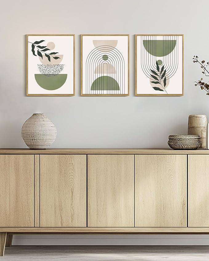 Drsoum Green Botanical Boho Wall Art Framed Modern Sage Bohemian Plant Wall Decor Abstract Geometry Lines Prints Ready to Hang 11x14in Natural Framed