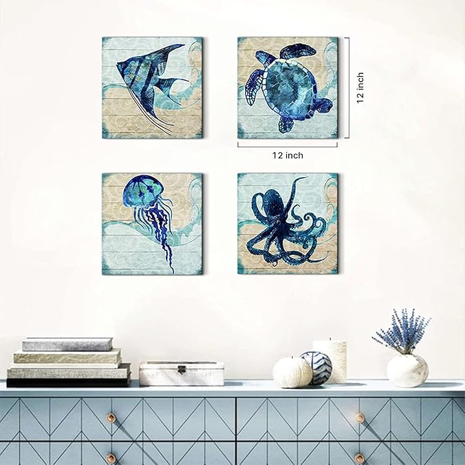 Navy Blue Ocean Animals Wall Art Beach Bathroom Decor Sea Turtle Octopus Jellyfish Canvas Pictures Kids Nursery Room Artwork Rustic Sea Fish Poster for Bedroom Living Room Home Decorations 16x16” 4Pcs